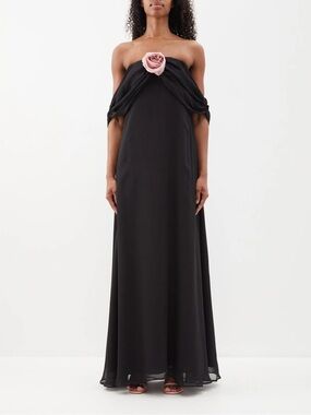 Bernadette Daffodil Off The Shoulder Black Evening Gown with Pink Rosette